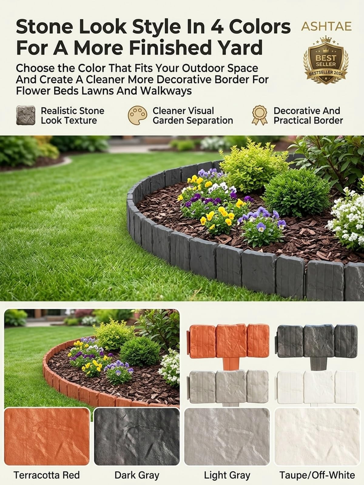 Plastic Garden Retaining Fence Garden Edging Landscape Flower Bed Edging Borders Faux Stone for Landscaping Lawn Blocks Interlocking No Dig Flexible Weather Resistant Outdoor Beds