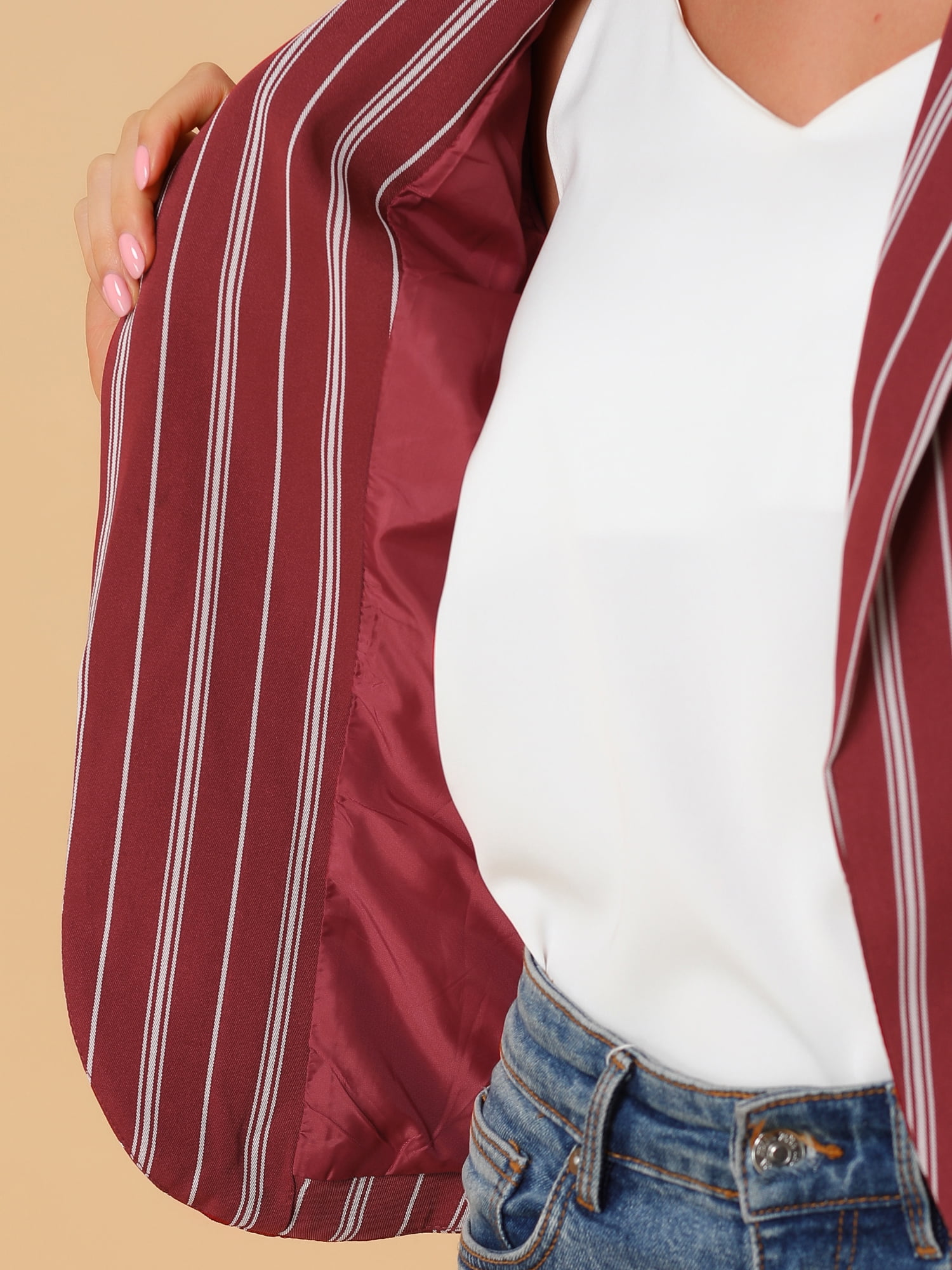 DARING DIVA Women's Striped Open Front Notched Lapel Blazer XS Red