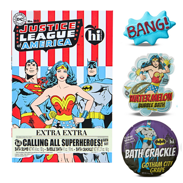 Hi Peach Layne X DC Calling All Superheroes Bath Fizzies Set with Bath Bomb (4.5oz), Bubble Bath (4 fl oz) & Bath Crackle (2.11oz)