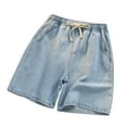 thumbnail image 2 of tasrioml Men Denim Shorts Elastic Waist Drawstring Straight Wide Leg Summer Shorts Solid Color Thin Loose Fit Casual Shorts, 2 of 8