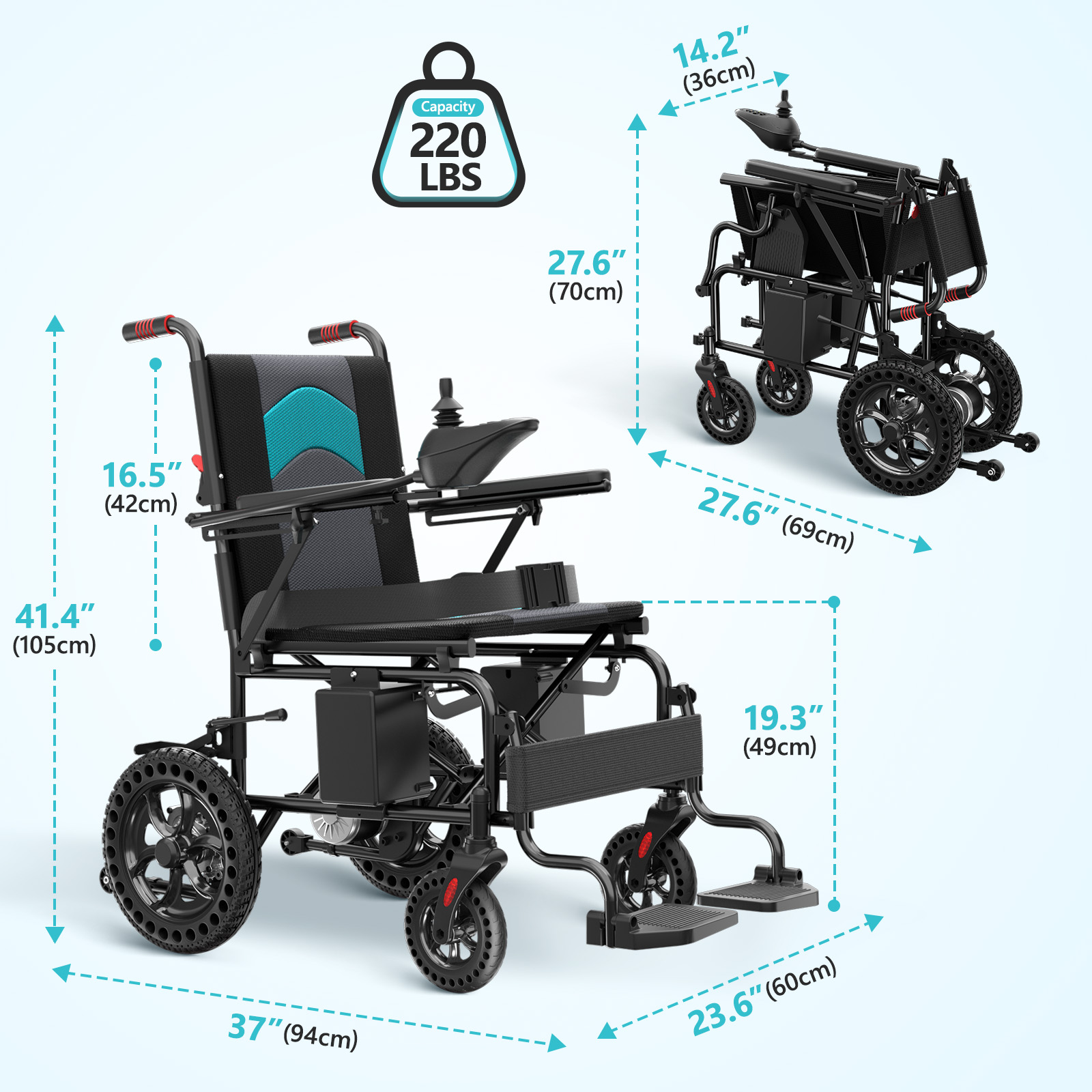 AMZFUN Folding Electric Wheelchair, 20 Mile Range With 500W Motor, Puncture Resistant Tires, All Terrain Use, Easy to Operate, Lightweight and Portable for Travel and Transportation