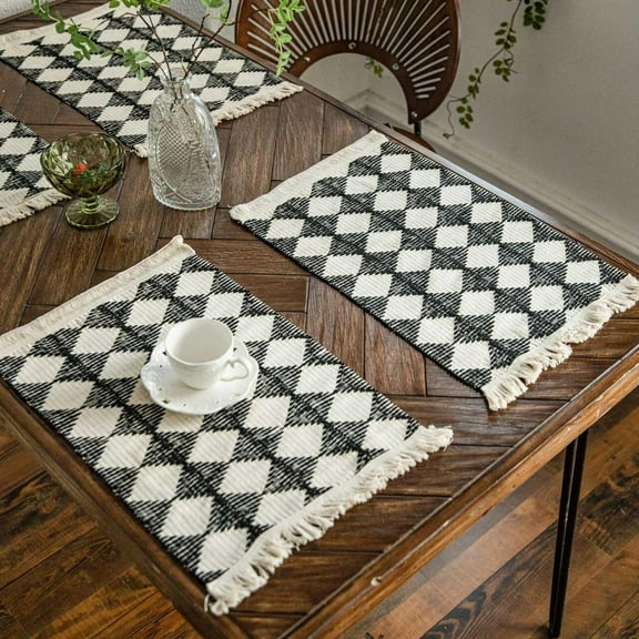 Set of 4 Placemats Cotton Linen Blend Rectangular Woven Cloth Place Mats w/Tassel for Kitchen Tabletop Dining Room Wedding Table House Warming Gift Holiday Christmas Thanksgiving Party Décor