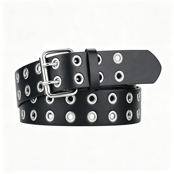 TELOLY Grommet Leather Belts for Women, Black Belt Women Men with Double Holes Versatile Womens Black Belt