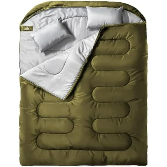 MEREZA Double Sleeping Bag for Adults Mens with Pillow, XL Queen Size Two Person Sleeping Bag for All Season Camping Hiking Backpacking 2 Person Sleeping Bags for Cold Weather & Warm