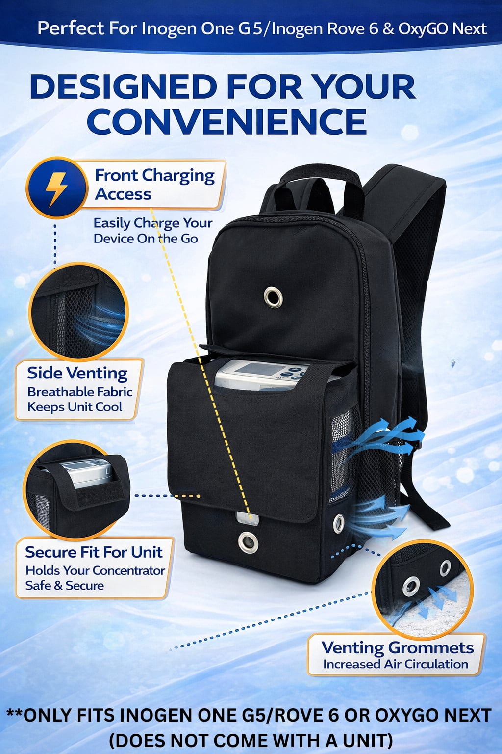 Slim Backpack Fit For Inogen One G5 & Inogen Rove 6: Lightweight Backpack with storage for accessories