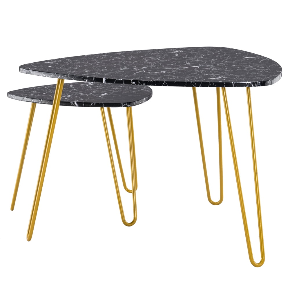 Kepooman Set of 2 Side Table, Marble Iron Foot Coffee Table, Black Kepooman Set of 2 Side Table, Marble Iron Foot Coffee Table, Black