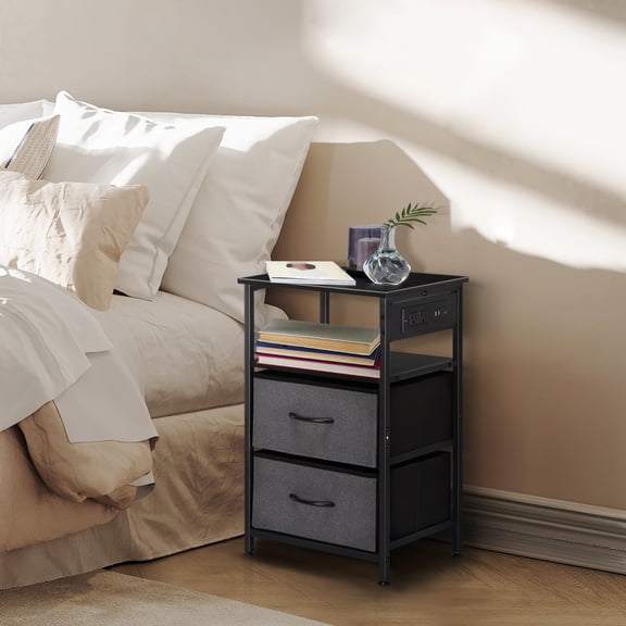 Nightstand with Charging Station, Small Bedside Table with 2 Fabric Drawers & Storage Shelf β Rustic Black for Bedroom, Living Room