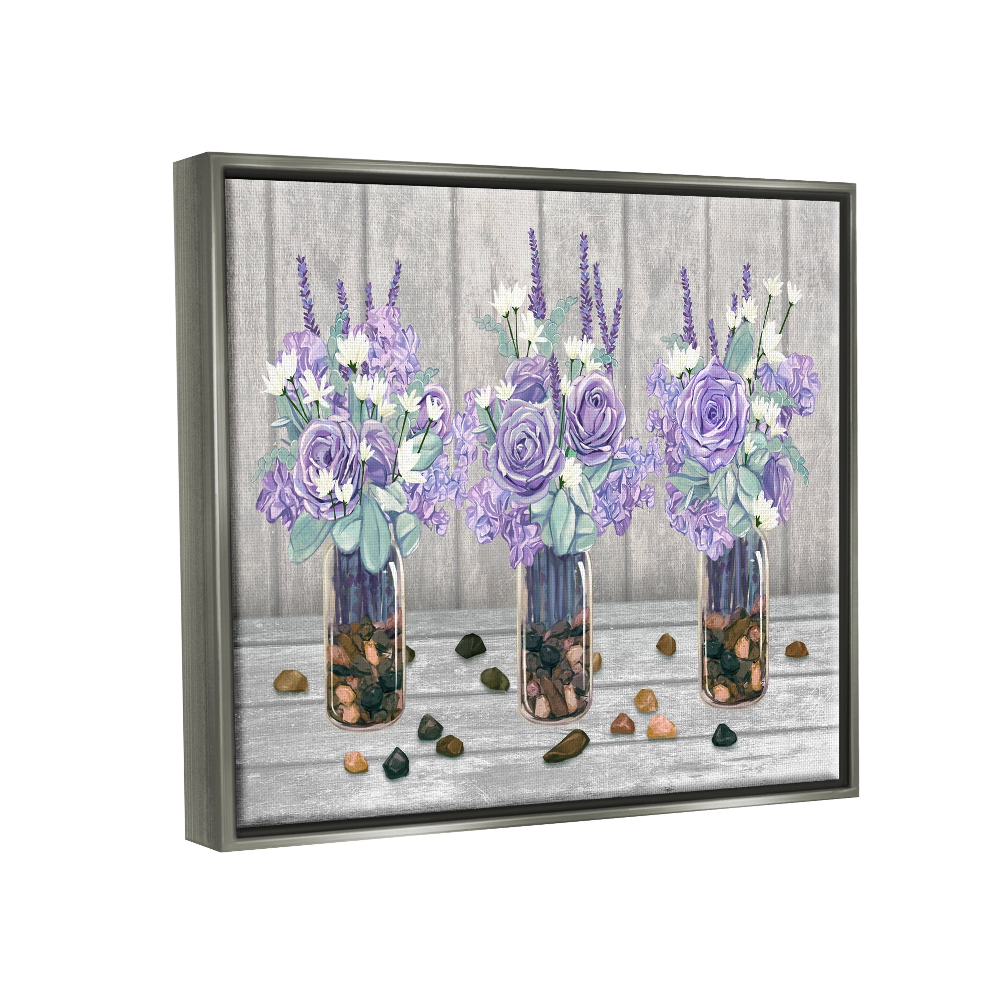 Stupell Industries Purple Rose Bouquet Trio Scattered Rustic Rocks Graphic Art Luster Gray Floating Framed Canvas Print Wall Art, Design by Ziwei Li