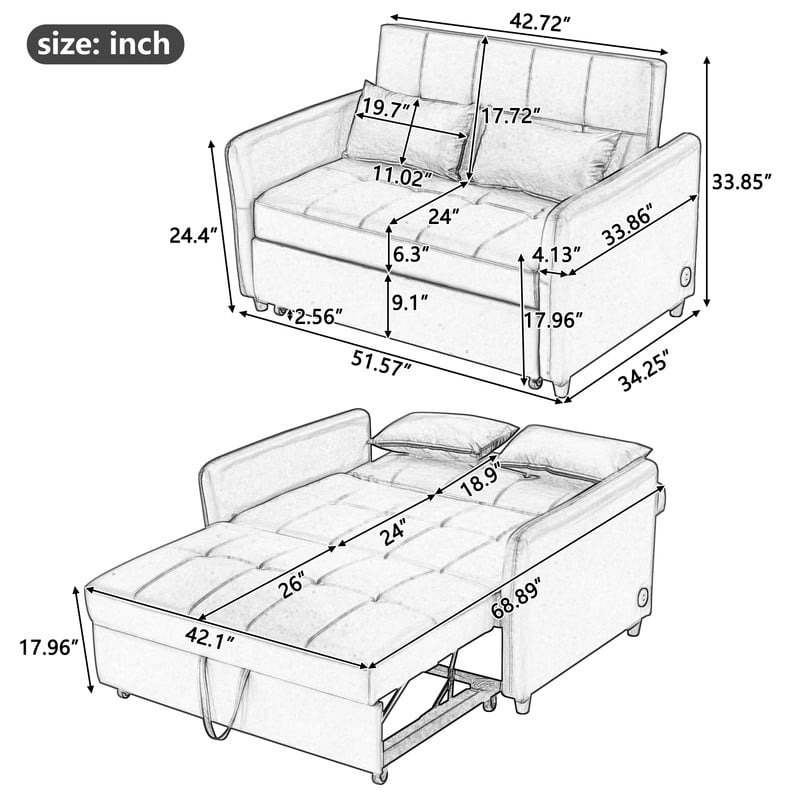 PU Leather Convertible Sleeper Sofa Bed, Adjustable Oversized Chaise Lounge Loveseat Couch with 3 USB Charging Ports
