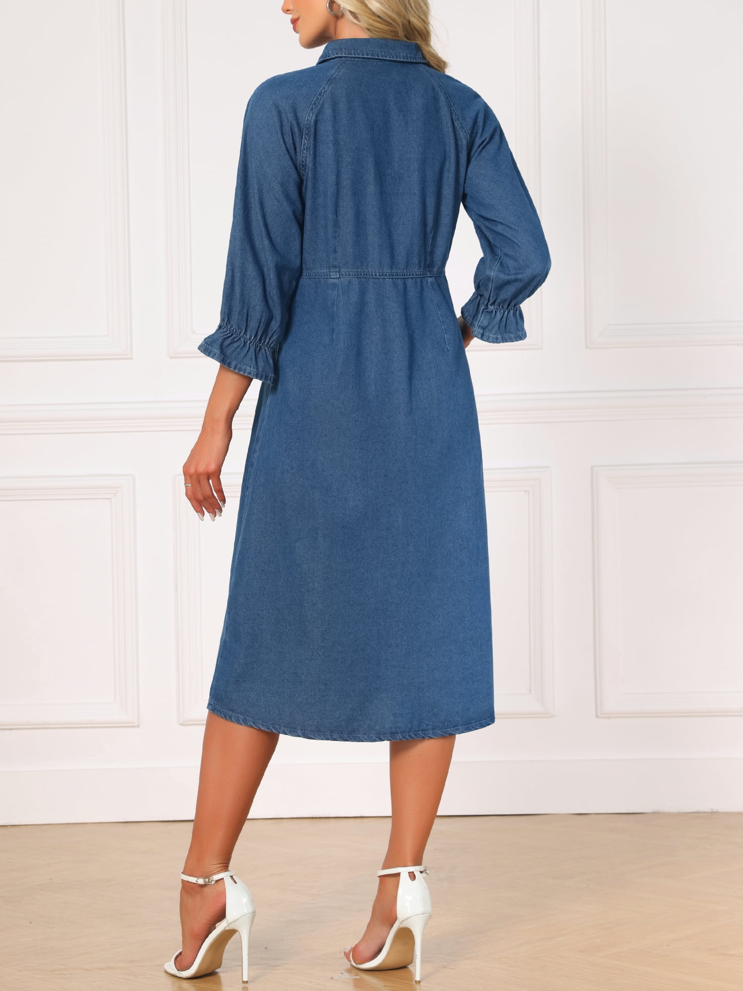DARING DIVA Women's Collared Ruffle 3/4 Sleeve Jean Button Down Shirt Dress M Gray Blue