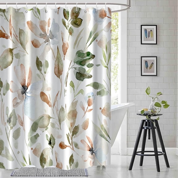 Sage Green Eucalyptus Shower Curtain, Spring Plant Leaves Shower Curtain Waterproof Fabric Watercolor Green and Gold Shower Curtain Set with Hooks, 84x84 Inch