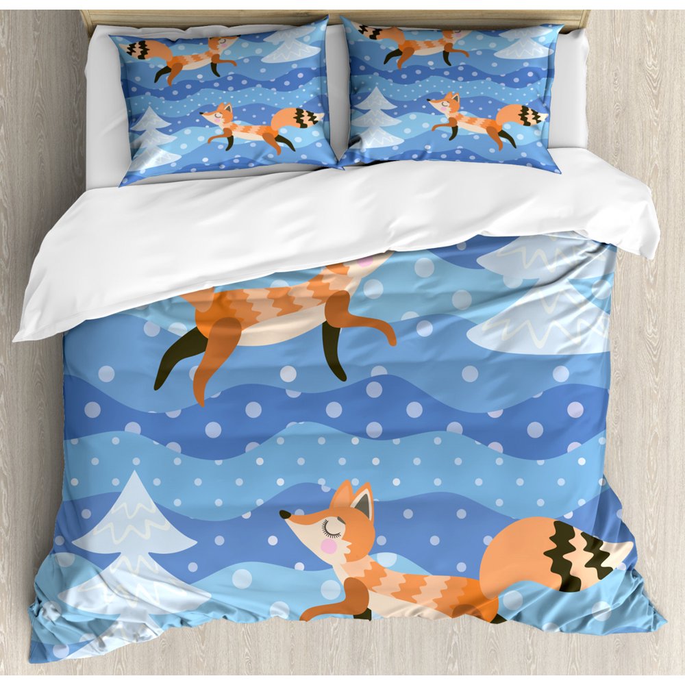 Fox Duvet Cover Set, Abstract Graphic of Animal and Trees on Wavy
