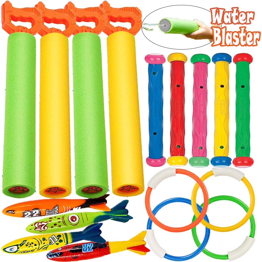 JoyX 17 Pack Dive Pool Toys Blaster Torpedo Dive Rings and Diving
