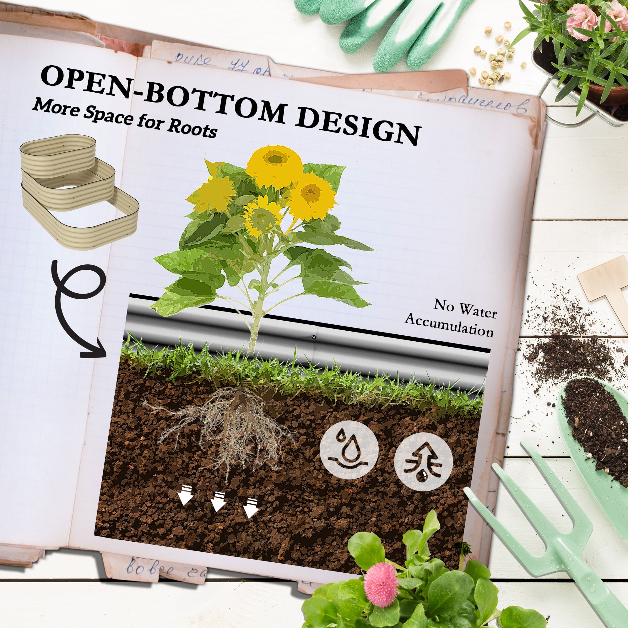 3-Tier Galvanized Steel Raised Garden Bed Kit, 3 Combining Planter Boxes with Rubber Strip Edging, Open Bottom for Backyard, Garden, Patio, Cream White