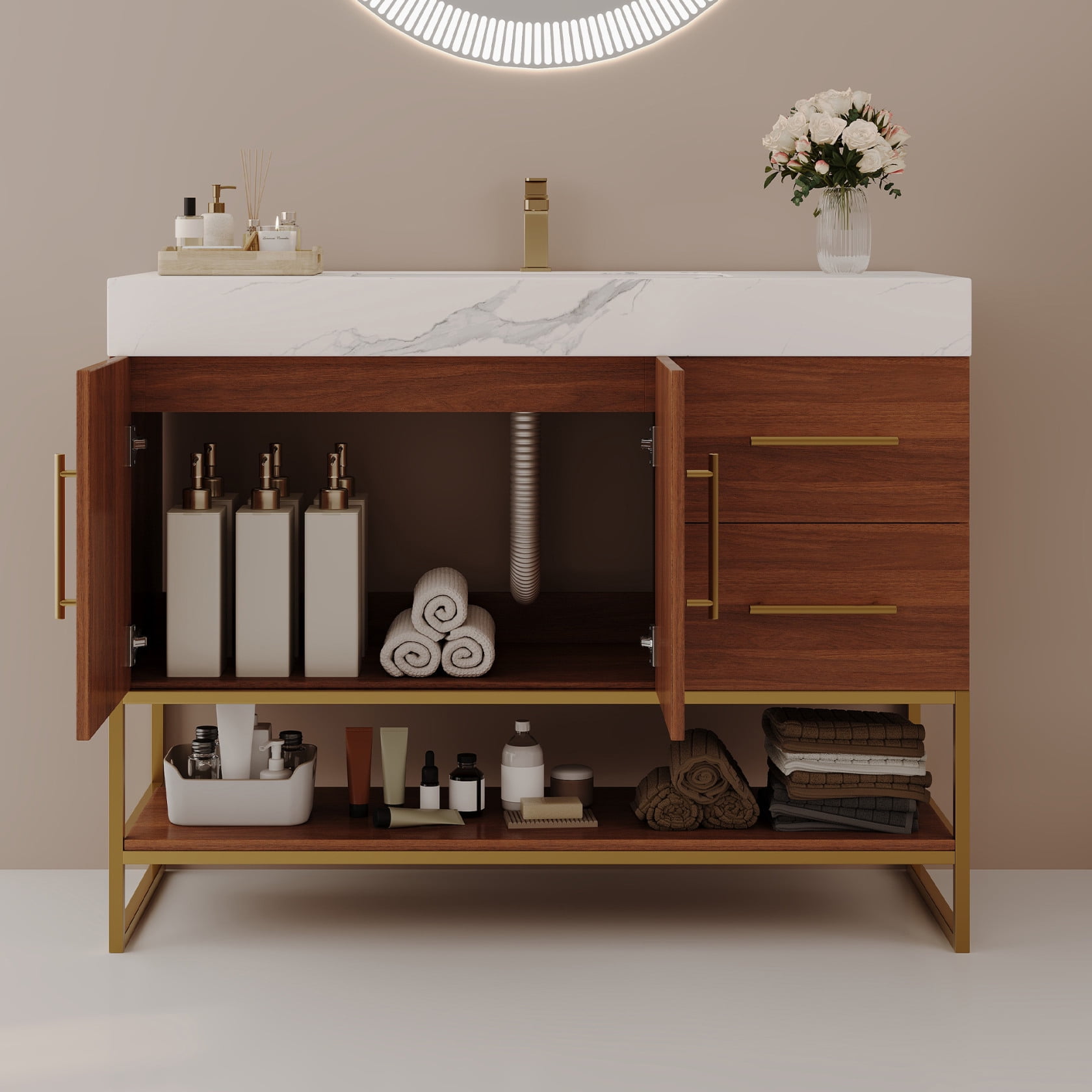 36" Bathroom Vanity with Sink, Freestanding Bathroom Storage Vanity Cabinet with 2 Soft Closing Doors, 2 Drawers and Storage Shelf, Walnut