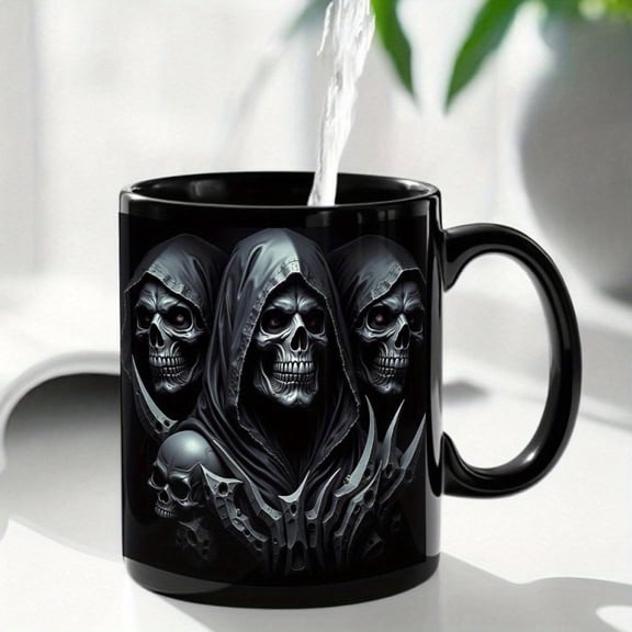 1pc Gothic Skull Mug Heavy Duty 11oz Coffee Cup with Hooded Skeletons Black Ceramic Cup Hot Cold Drinks Birthday Halloween Office Ideal Horror Fans Go