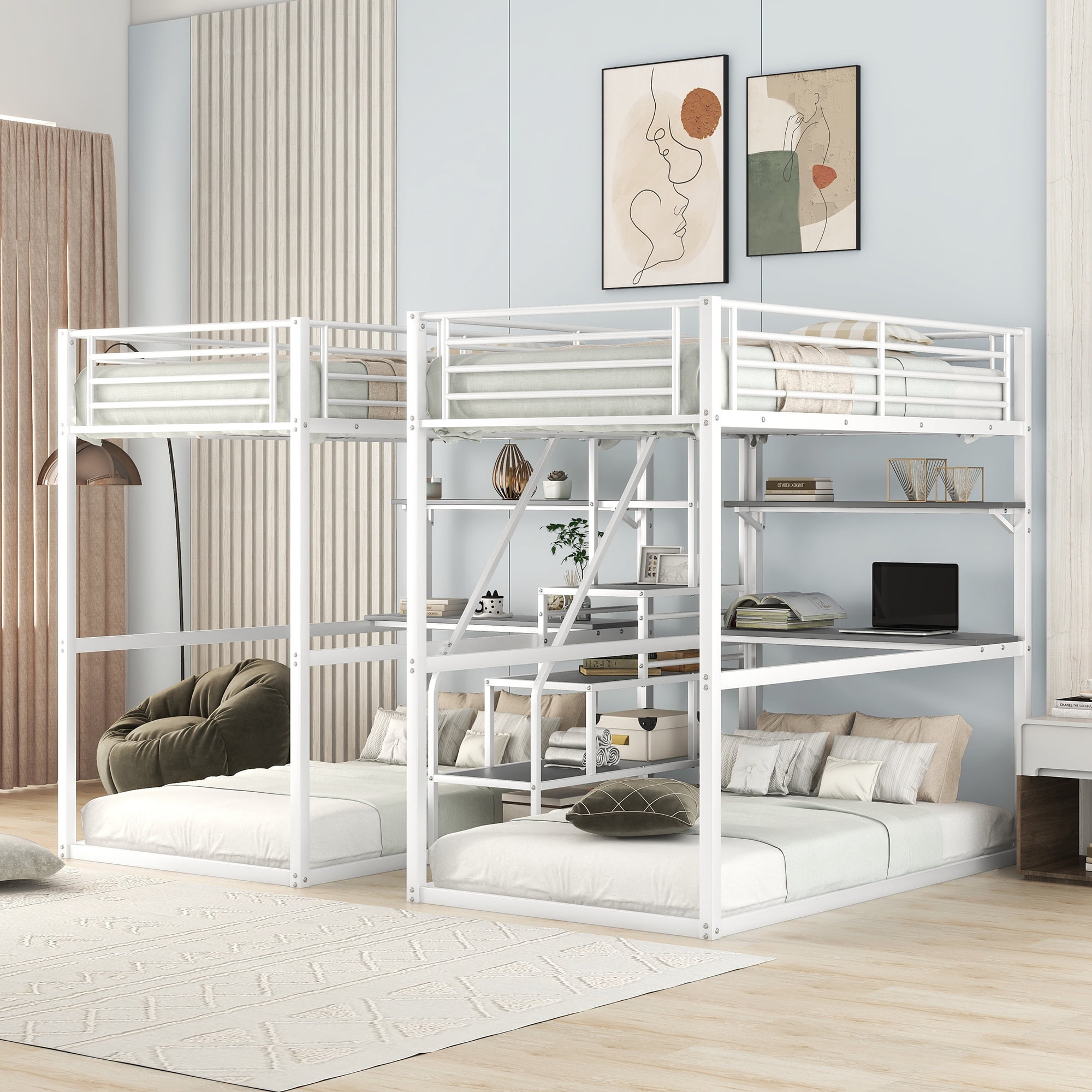 EUROCO Metal Double Bunk Bed, Twin over Twin with Desks for Kids Bedroom, White