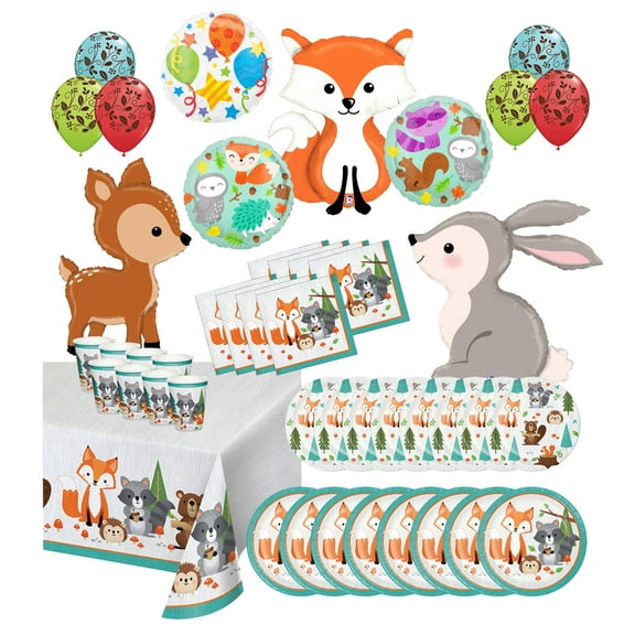 Mayflower Products Woodland Creatures Birthday Party Supplies 8 Guest Dining Decoration Kit and 3 Critters Balloon Bouquet (Fox, Deer, Bunny)