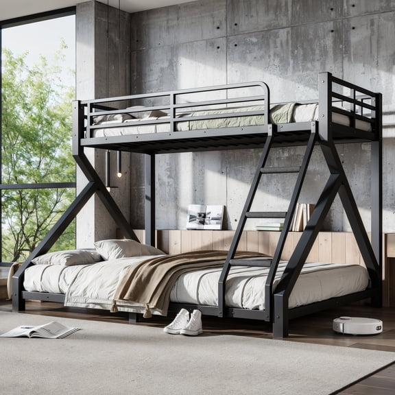 Queen over Queen Metal Bunk Bed with Ladder, Low Profile Bunk Bed Frame with Heavy-Duty Support Slats, Space-Saving Design for Adults and Teens, Black