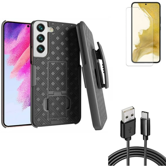 6ft USB Cable & Matte Screen Protector & Case Belt Clip for Samsung Galaxy S22 (6.1") - Type-C Charger Cord & TPU Film Anti-Glare & Holster Swivel Accessory Bundle