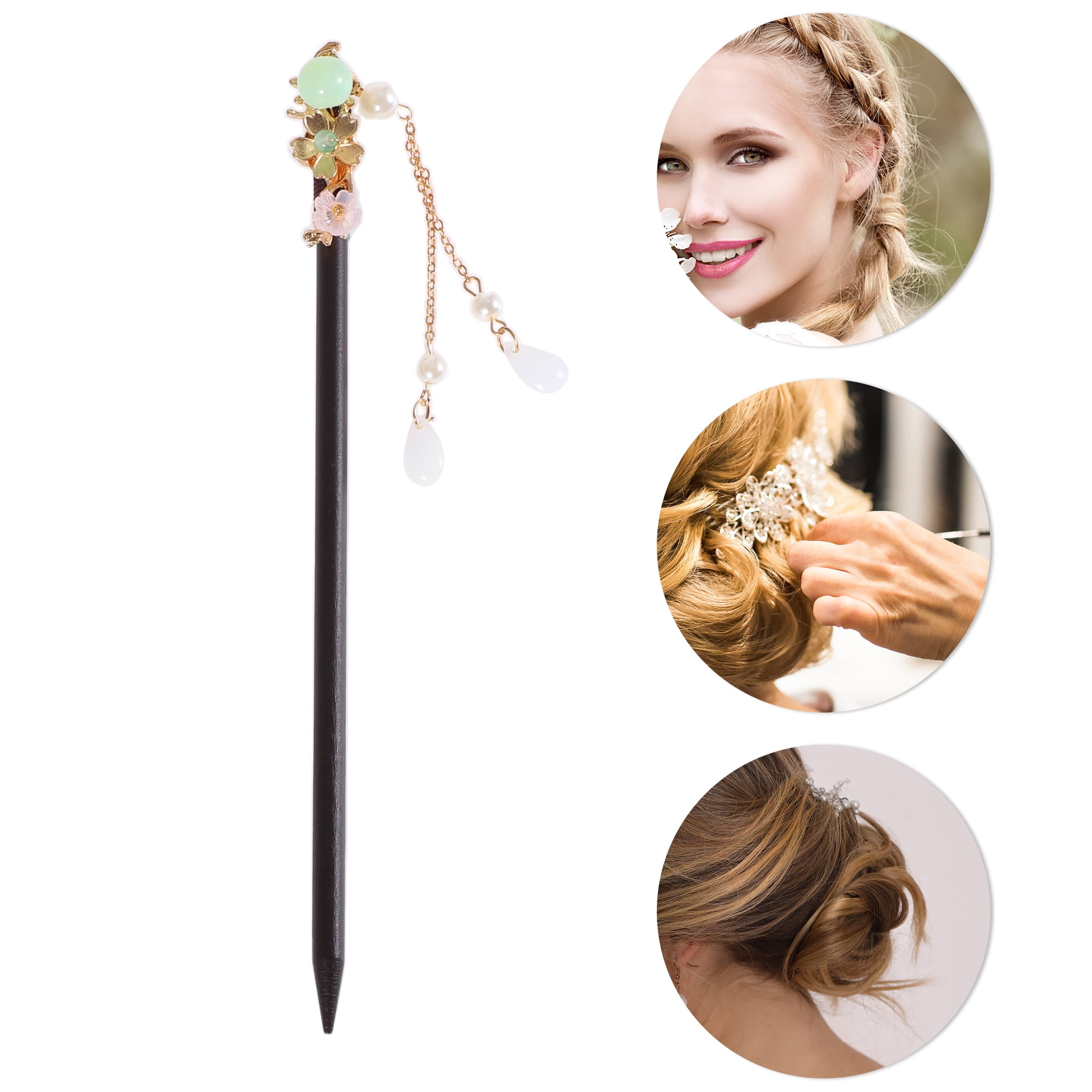 Unique Bargains Hair Chopstick for Women 1Pc Black Green White [Flower Beads Tassel] 2.76"