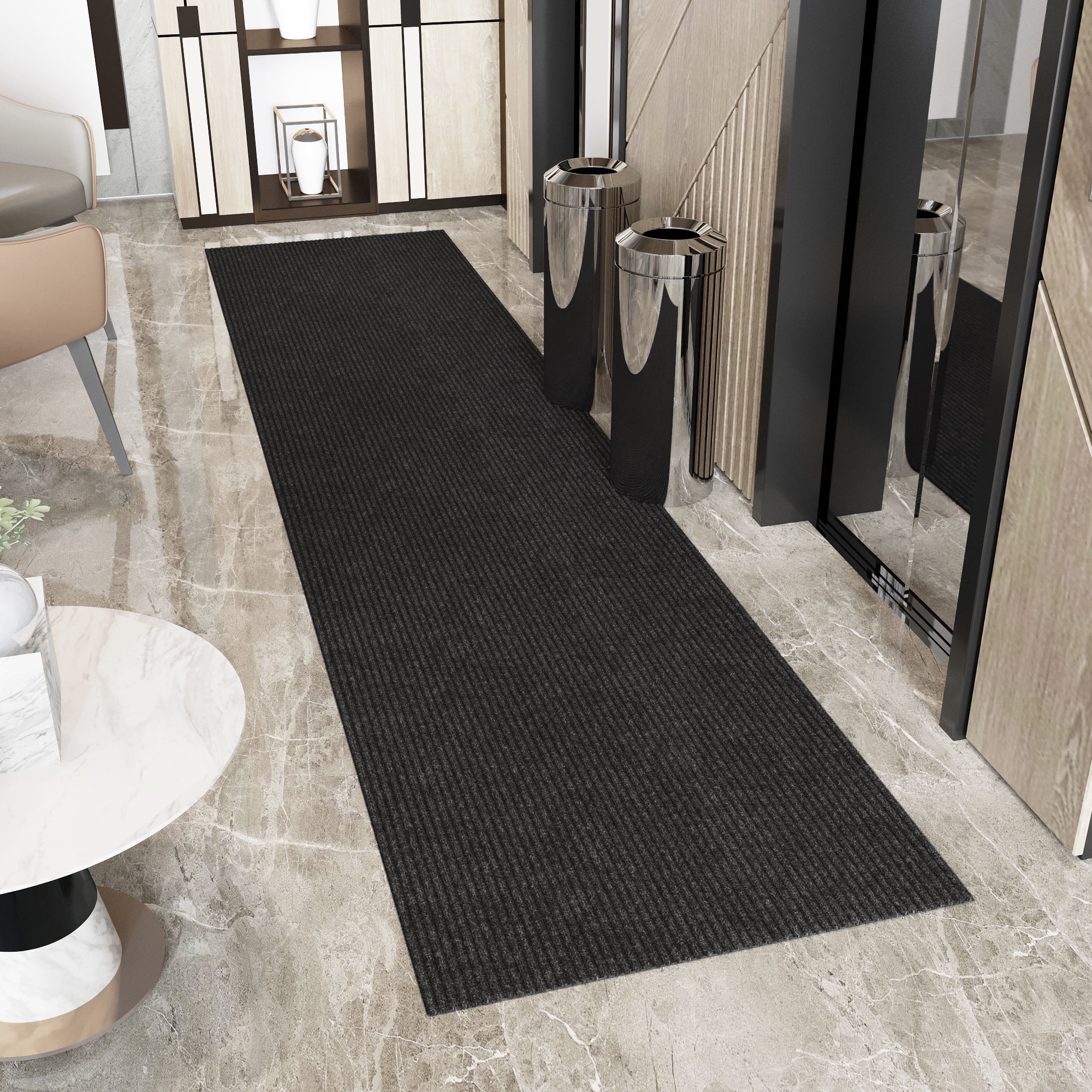 Ottomanson Non-Slip Hallway Runner Rug 3'11" x 27' Indoor/Outdoor Custom Size Utility Carpet for Garage, Black Ribbed
