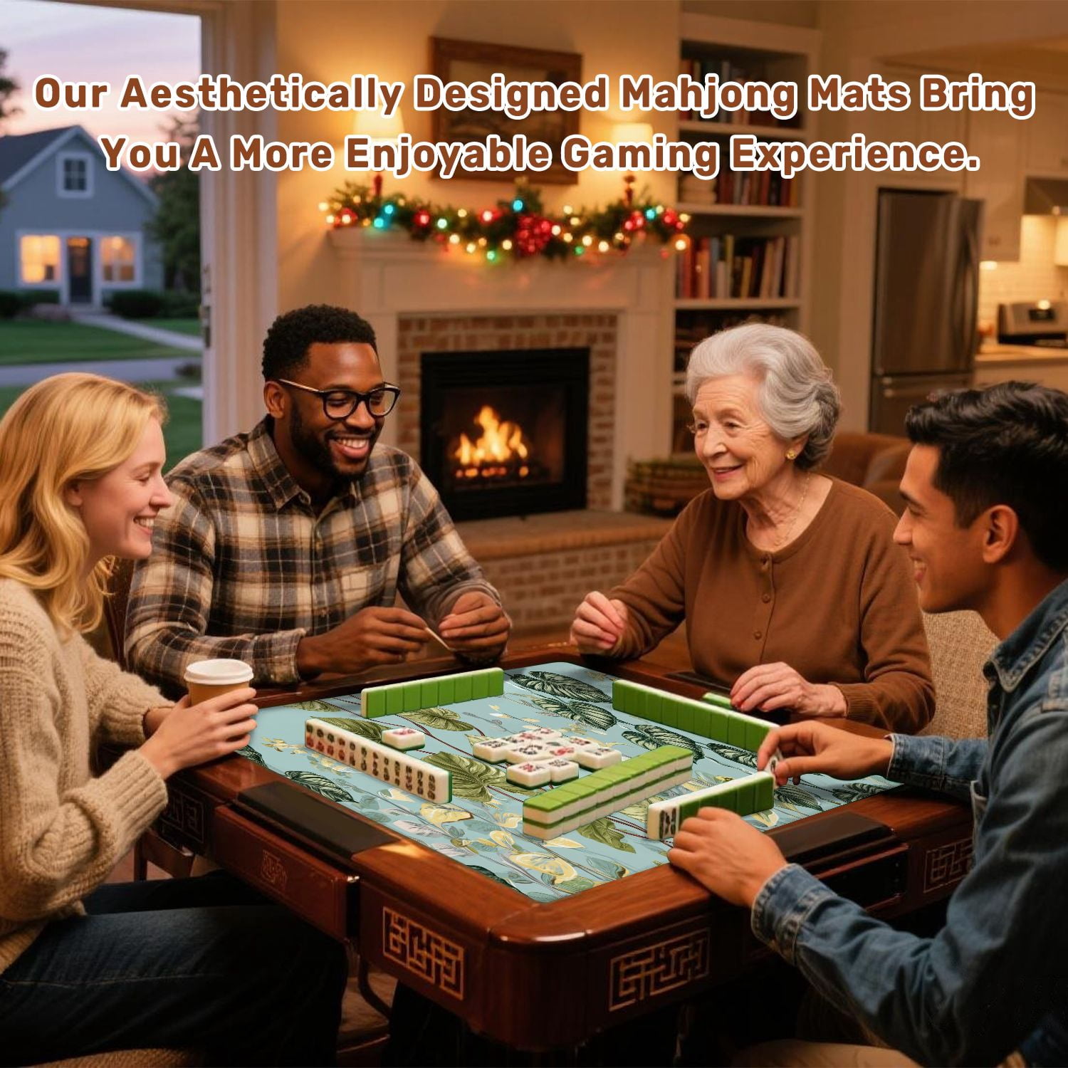 Mahjong Mat 31.5" x 31.5" Floral seamless green black white split leaf Philodendron Non-Slip Noise Reduction American Mahjong Tiles Table Cover for Dominoes Poker Card Board Games Gift