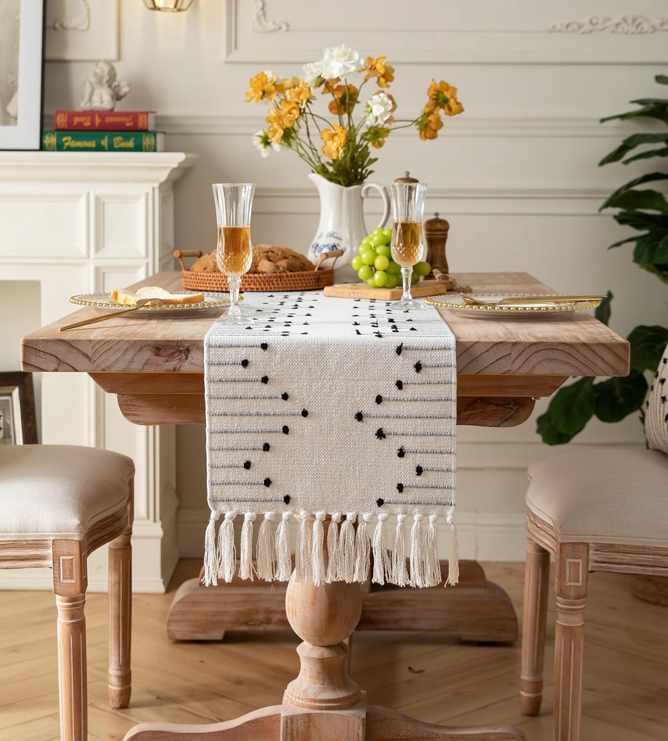 Boho Table Runner 13 x 90 Inch Long Natural Cotton Woven Runner with Tassels for Home Dining Table décor, for Modern Farmhouse Decor Coffee Table Runner, Taupe and Beige