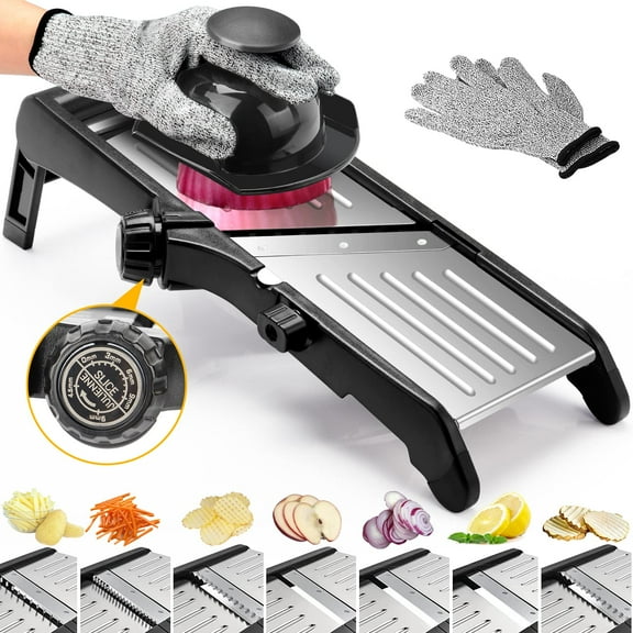 Multifunctional Mandoline Slicer, 7-in-1 Adjustable Stainless Steel Blade, Vegetable Cutter for Potato Onion Chips, Includes Safety Gloves, Gray