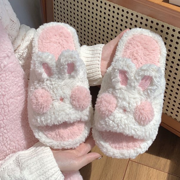Pantuflas de algodón con forma de conejito para niña, divertidas y lindas, antideslizantes, para el hogar, para interiores, cálidas, de lana, para invierno