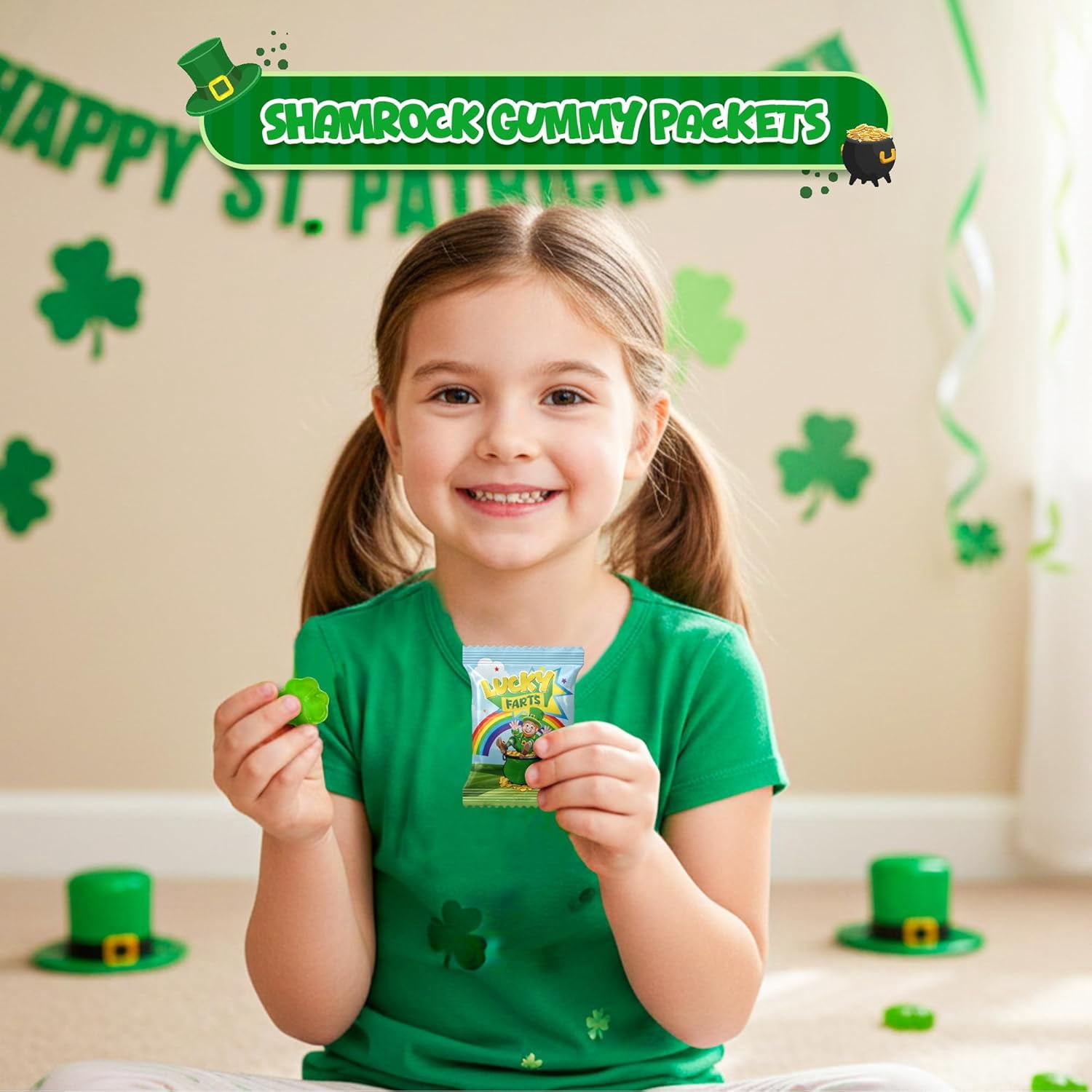 4E's Novelty St. Patrick's Day Lucky Farts Shamrock Gummies - 30 Individually Wrapped Bags (5 Pieces Each) Hilarious Green Gummy Candy
