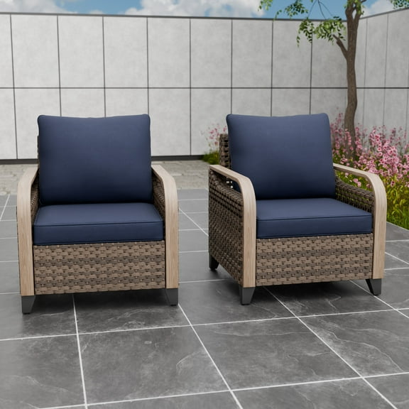 INTER HUT Modern Wicker Patio Chairs, Outdoor Chairs with Steamlined Armrest, Rattan Chair Patio Furniture, 2 Chairs, Brown/Blue
