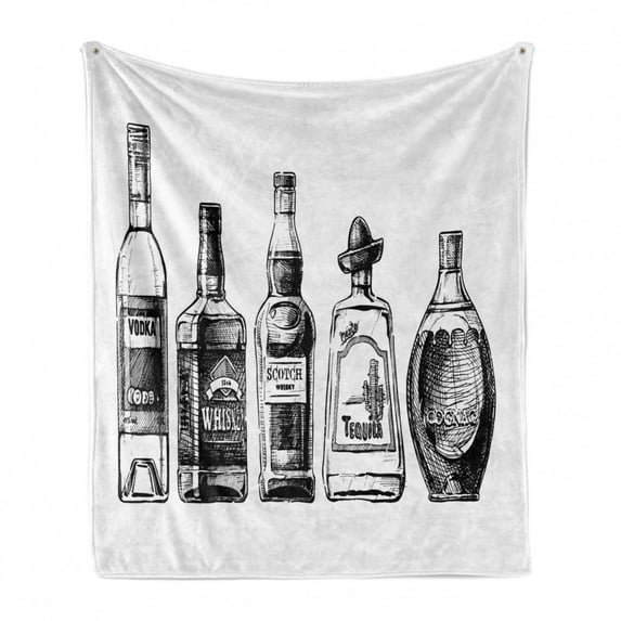 Alcohol Soft Flannel Fleece Throw Blanket, Ink Drawing Style Bottles of Strong Alcohol Composition Distilled Beverages, Cozy Plush for Indoor and Outdoor Use, 60" x 80", Black and White, by Ambesonne