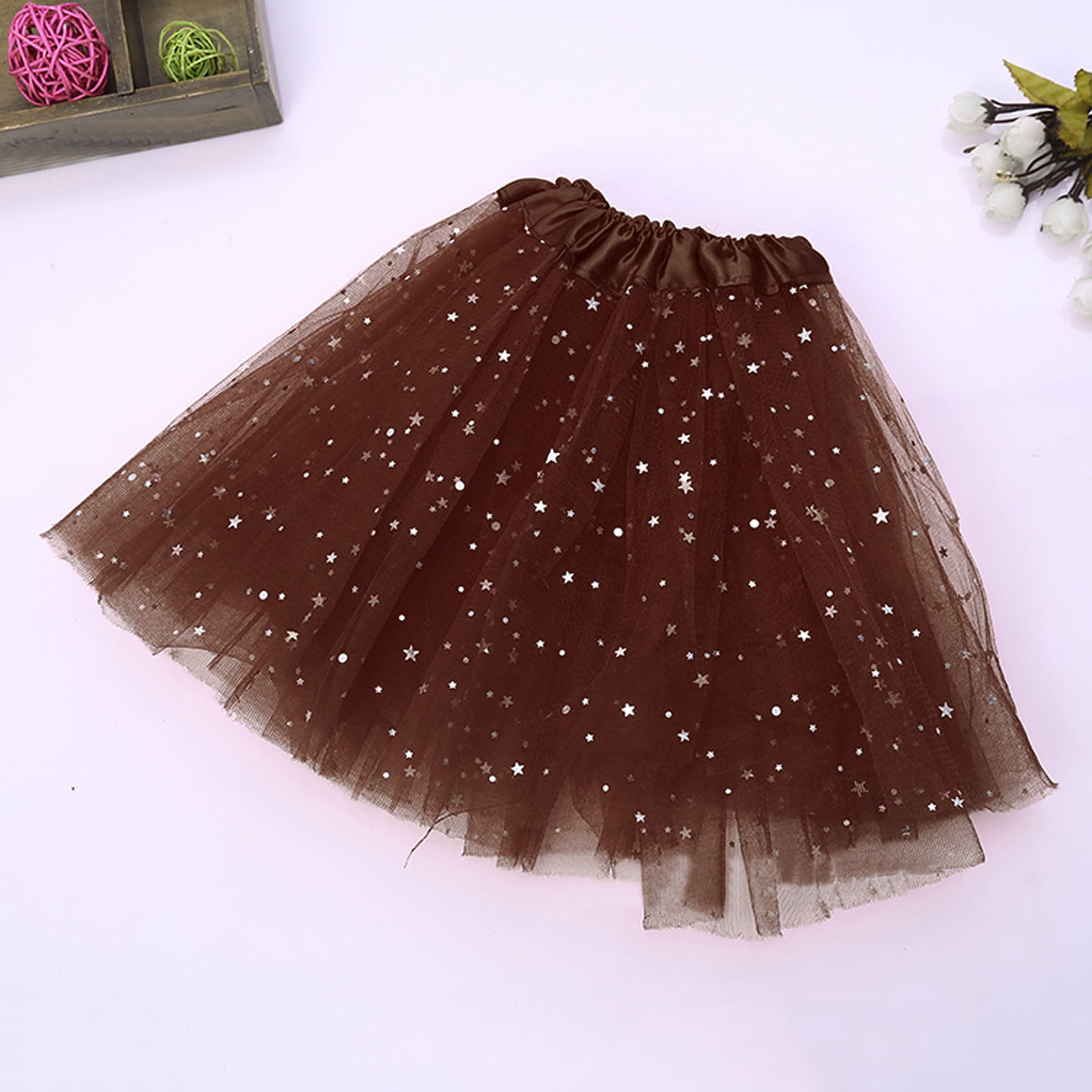 B91xZ Women s Mini Pleated Skirts 3D Dot Elastic Waist Mesh Tutu Skirt Solid Color Fairy A line Skirt Party Clubwear Coffee One Size