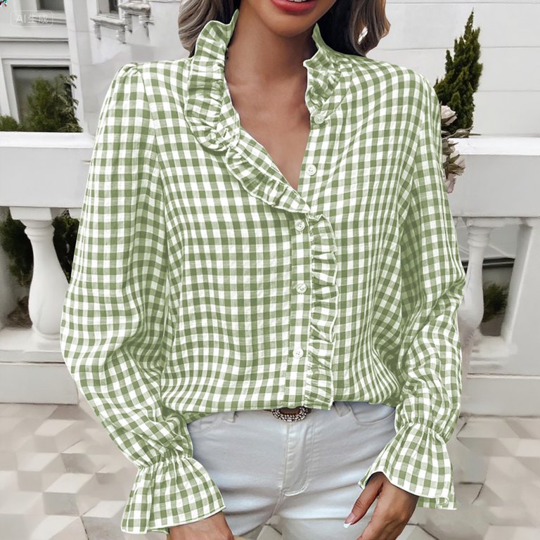 Breezora Womens Plaid V Neck Blouse Long Sleeve Button Down Shirt Checkered Casual Top Work Office Wear L Size Light Green Breezora Womens Plaid V Neck Blouse Long Sleeve Button Down Shirt Checkered Casual Top Work Office Wear L Size Light Green