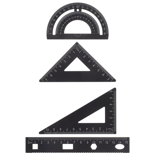 SHISUYAN 1 Set of 4PCS DIY Metal Ruler Sturdy Office Metal Ruler Ruler Stationery Set Triangular Plate Protractor Testing Ruler for Pupils Students Black