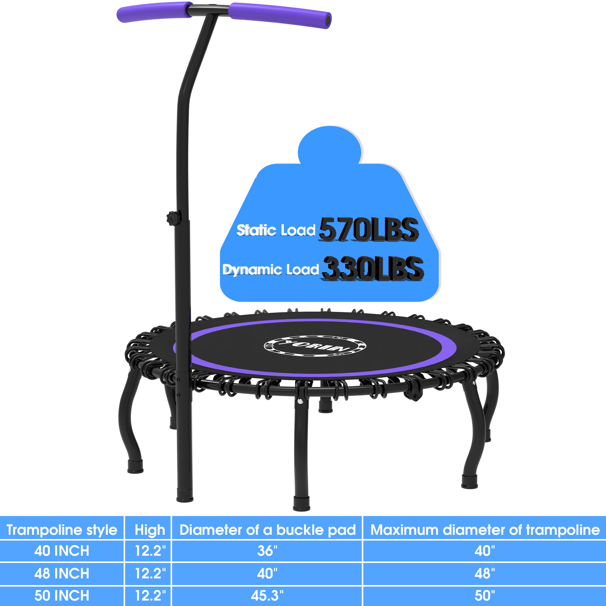 YORIN Rebounder Foldable Trampoline for Adults, 330LBS Fitness Indoor Trampoline, 50" 40" 48" Mini Exercise Trampoline with Bungees, 3 Level Adjustable Foam Handle Bar, Stable Quiet Small Trampoline
