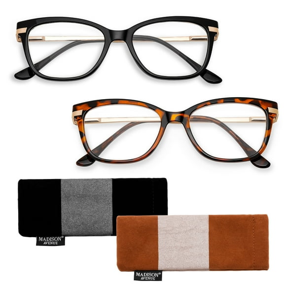 Madison Avenue 2 Pack Cateye Reading Glasses for Women, Fashion Readers with Comfort Spring Hinge(Black/Demi)