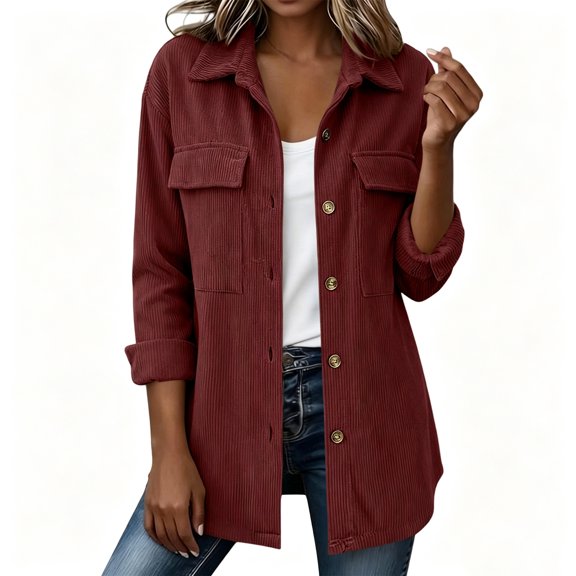 Corduroy Jacket for Women Trendy Long Sleeve Button Down Fall Shackets Oversized Lightweight Casual Coats with Pockets,Wine,M