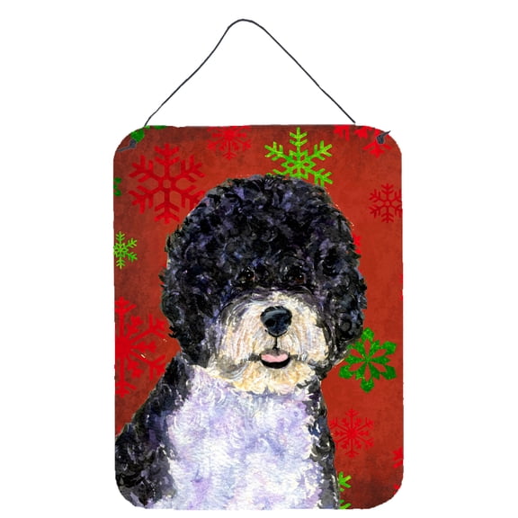 Portuguese Water Dog Red Green Snowflake Christmas Wall or Door Hanging Prints
