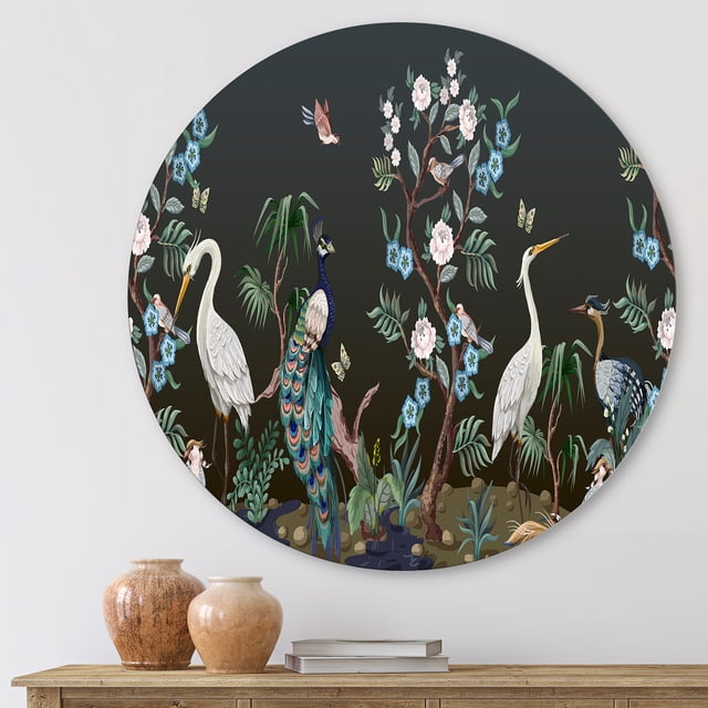 Designart - Chinoiserie With Birds and Peonies IV - Traditional Metal Circle Wall Art