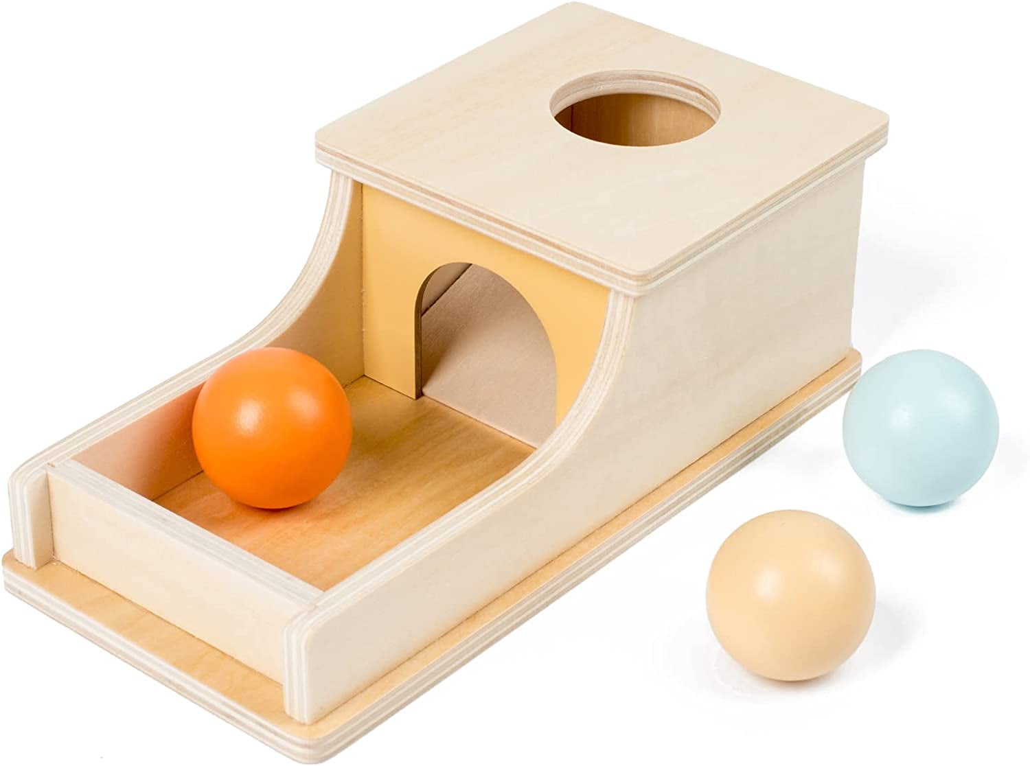 Montessori object permanence box store with tray and ball