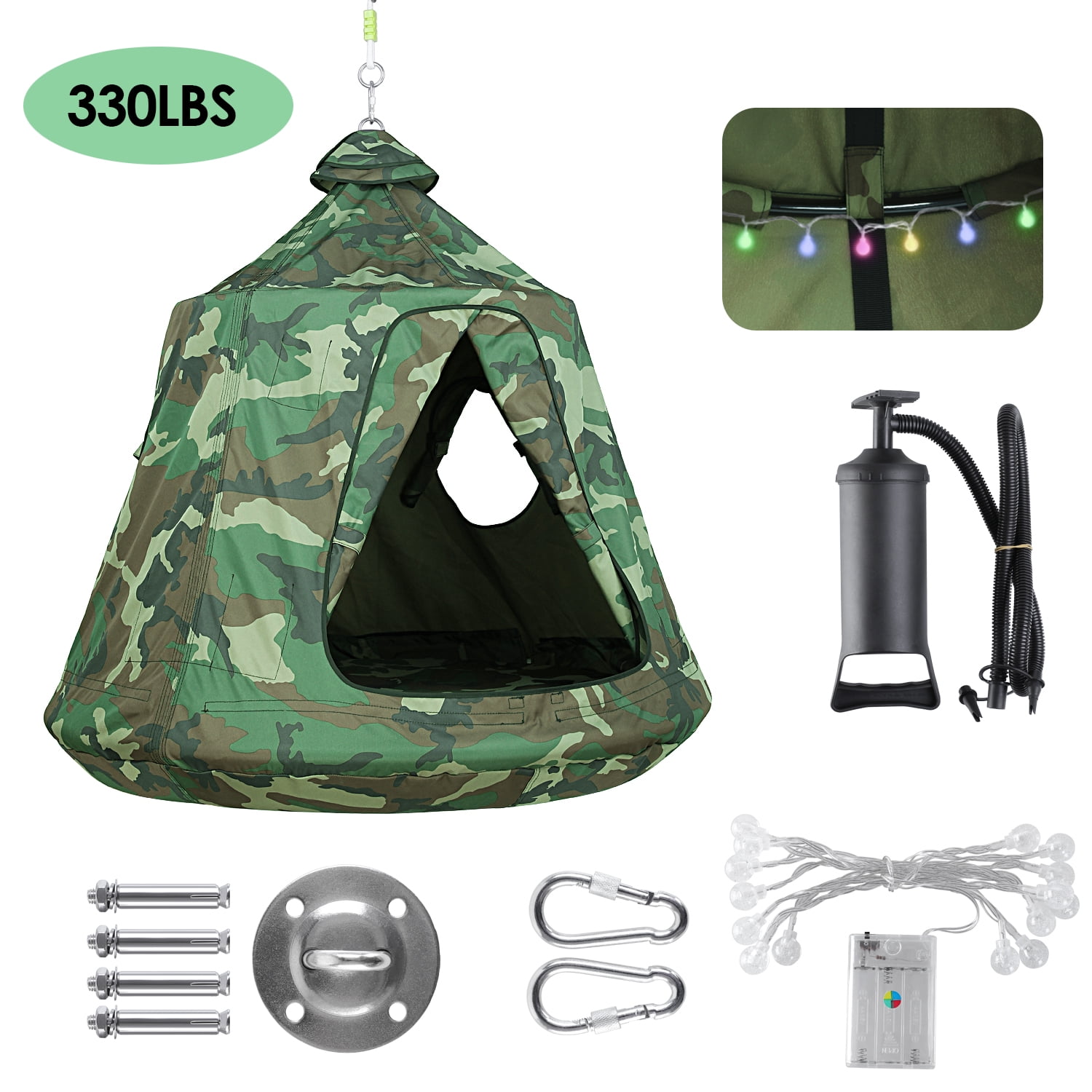 TLSUNNY Hanging Tree Tent, Hanging Chair Swing Tent Set, Waterproof Tree Ceiling Pod, W/ Lights String, Max Capacity 330 lbs