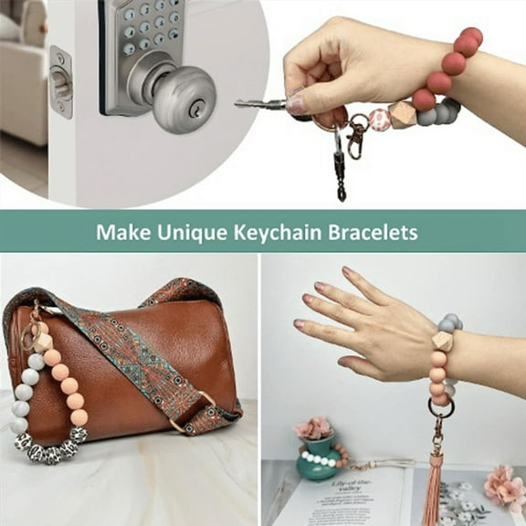 100Pcs Silicone Beads for Keychain Making,15mm Rubber Kit Bracelet Lanyards with Key Rings and Tassels