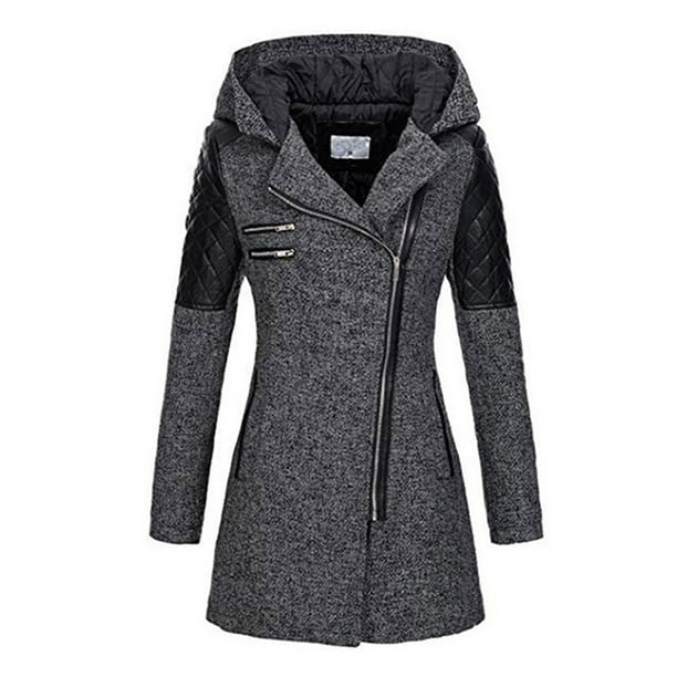 Wodstyle - Women's Trench Coat Winter Long Jacket Hoodie Side Zip Thick ...
