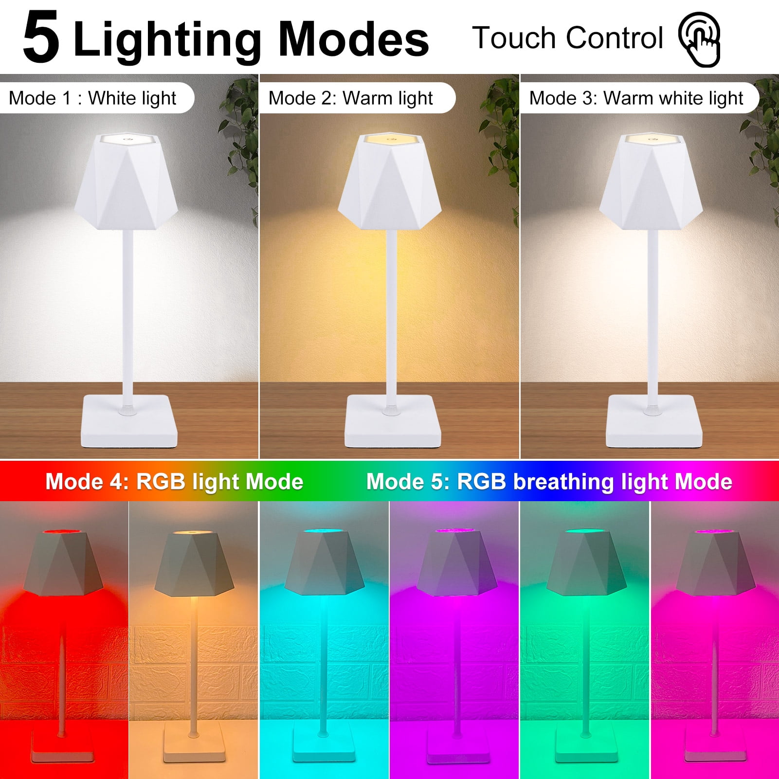 Cordless Table Lamp, 5000mAh USB Rechargeable Desk Lamp, RGB 5 Modes & Stepless Dimming,Gift Battery Powered Modern Lamp for Bedroom/ Dining/ Coffee /Outdoor,White