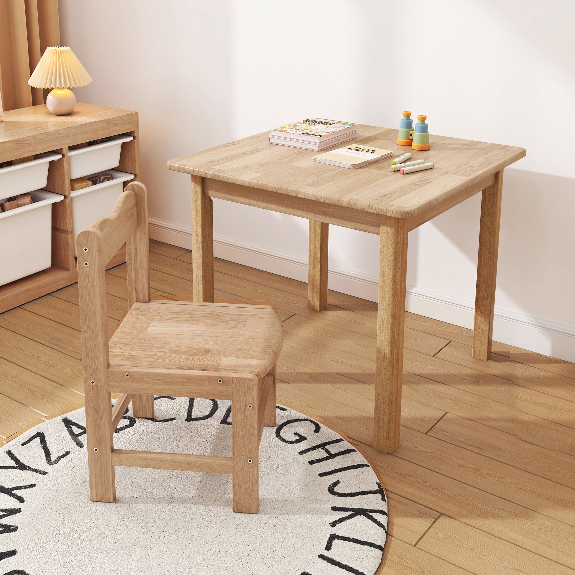 UNICOO® Wooden Kids Table and Chairs Set – 3-Piece Rubber Wood Toddler Table with 2 Chairs – Playroom & Classroom Kids Desk and Chair Set for Arts, Crafts, Reading, Snacks (Natural)