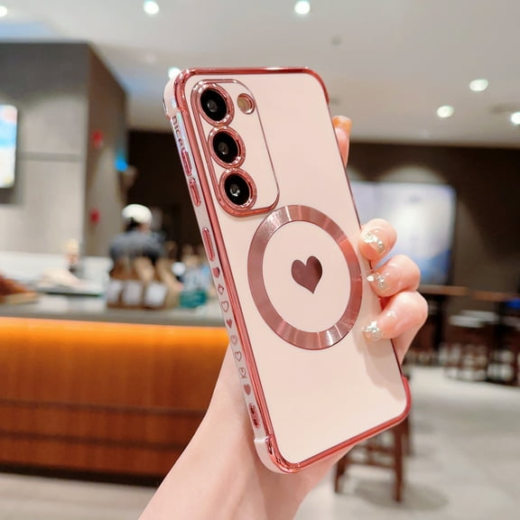 for Samsung Galaxy S23 (6.1 inch) Cute Love Heart Pattern Case for Women Girls,Compatible with Magsafe Charging,Luxury Plating Edge Soft Silicone Shockproof Slim Phone Case,Pink