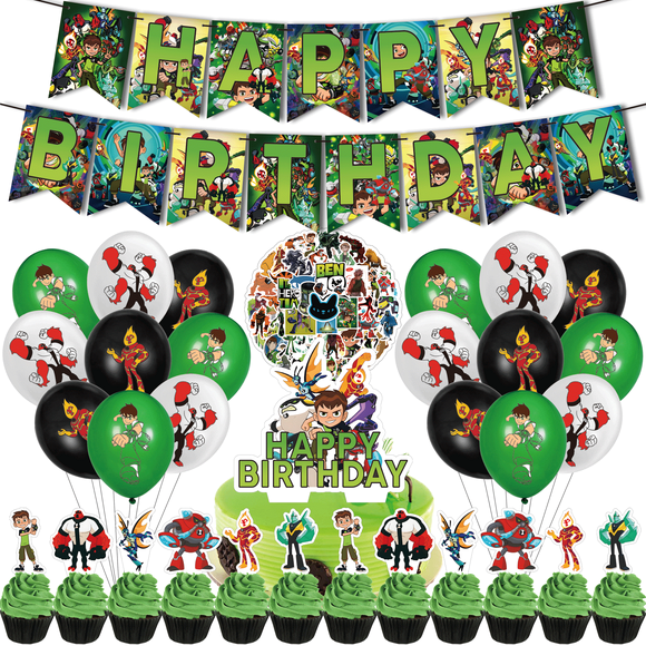 82 Pcs For Ben 10 Cartoon Theme Birthday Decorations Party and Favors Essentials - Includes Banner, Cake Topper, 12 Cupcake Toppers, 50 Stickers, and 18 Balloons for Party Supply Set