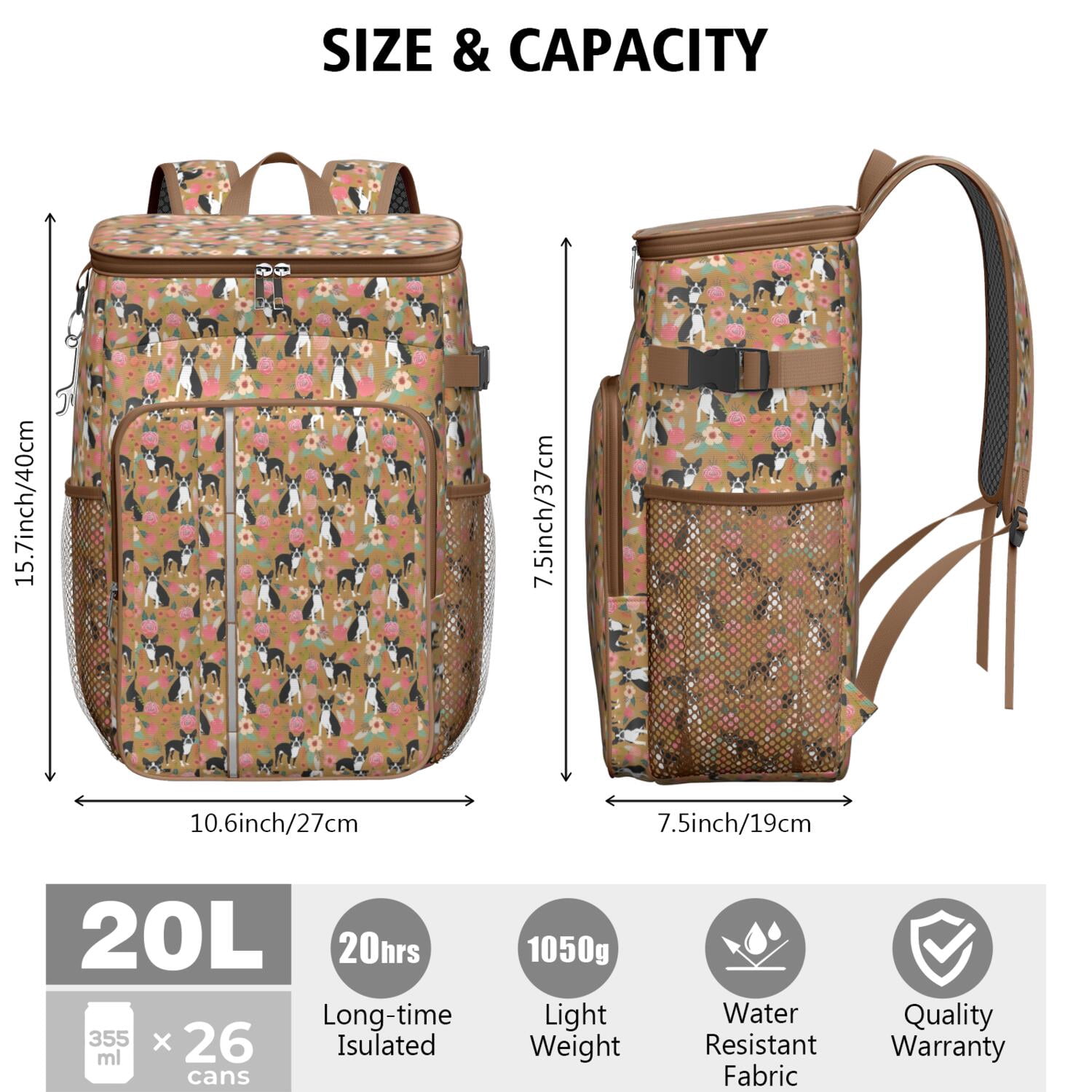 Travel Cooler Bag - Boston Terrier and Flower Camping Beer Cooler Backpack with Bottle Opener- Waterproof Insulated Picnic Backpacks - Cooler Bag for Beach